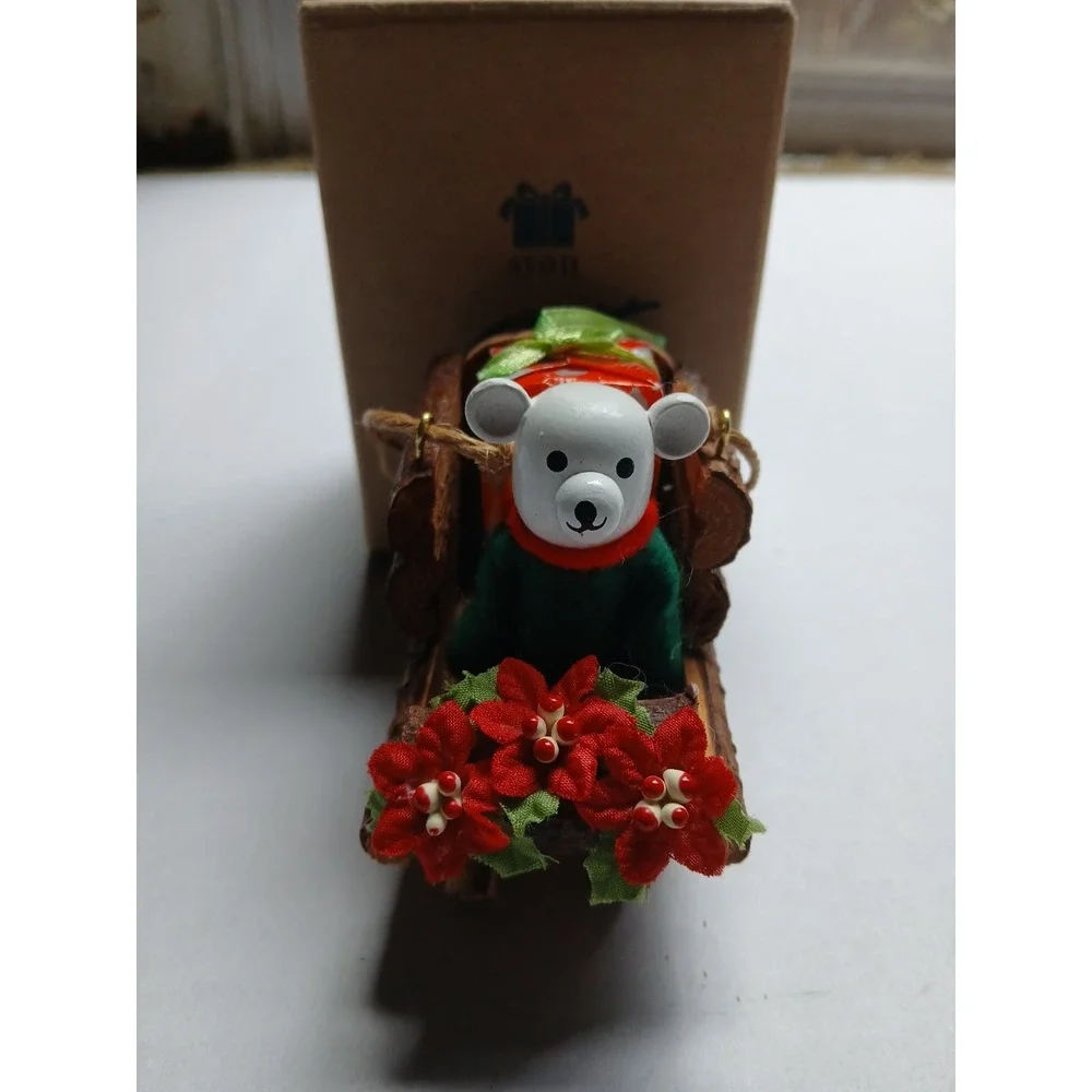 Avon Log Cabin Cutie Polar Bear Sled Christmas Tree Ornament Holiday Vintage Box